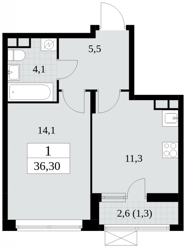 1-комнатная квартира с полной отделкой, 36.3 м2, 5 этаж, сдача 2 квартал 2025 г., ЖК Прокшино, корпус 5.1.2 - объявление 1860145 - фото №1