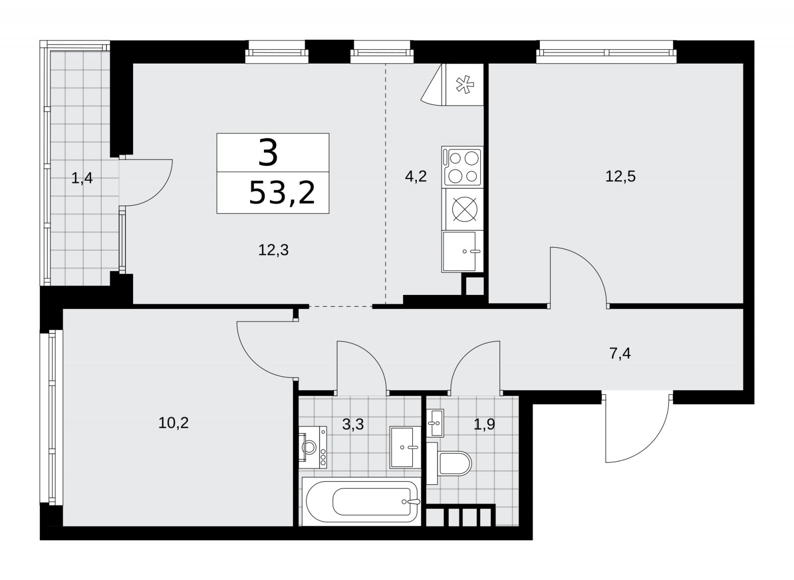 3-комнатная квартира (евро) с частичной отделкой, 53.2 м2, 12 этаж, сдача 2 квартал 2026 г., ЖК Деснаречье, корпус 4.4 - объявление 2264039 - фото №1
