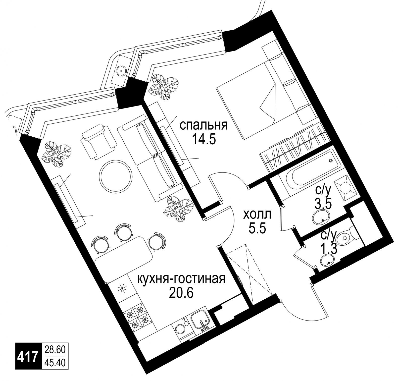 2-комнатная квартира без отделки, 45.4 м2, 14 этаж, сдача 2 квартал 2024 г., ЖК Интеллигент, корпус 2 - объявление 2260623 - фото №1