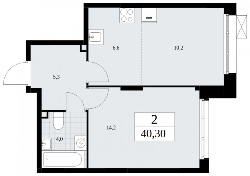 2-комнатная квартира (евро) с частичной отделкой, 40.3 м2, 2 этаж, сдача 4 квартал 2024 г., ЖК Бунинские кварталы, корпус 1.1 - объявление 1834180 - фото №1