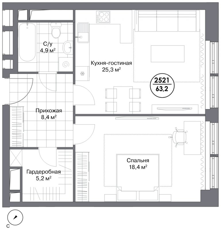 1-комнатные апартаменты 63.2 м2, 27 этаж, дом сдан, ЖК Match Point, корпус 1 - объявление 1672172 - фото №1