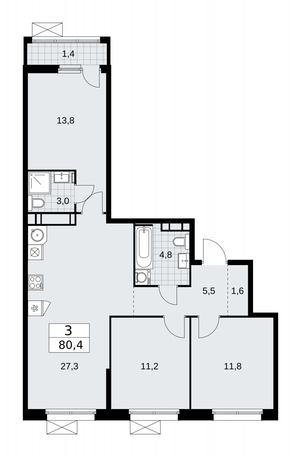 3-комнатная квартира без отделки, 80.4 м2, 14 этаж, сдача 2 квартал 2026 г., ЖК Скандинавия, корпус 25.5 - объявление 2283829 - фото №1