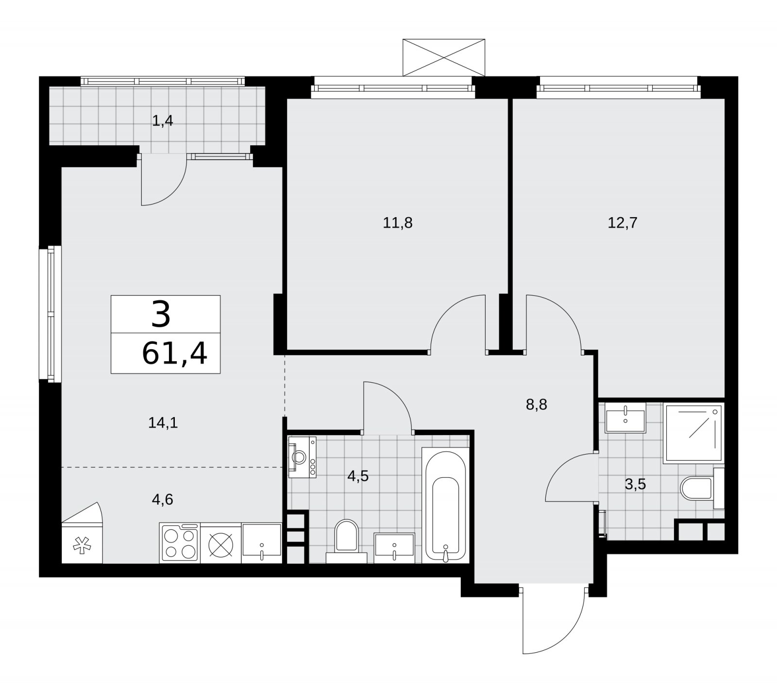 3-комнатная квартира (евро) без отделки, 61.4 м2, 6 этаж, сдача 1 квартал 2026 г., ЖК Деснаречье, корпус 4.2 - объявление 2263543 - фото №1