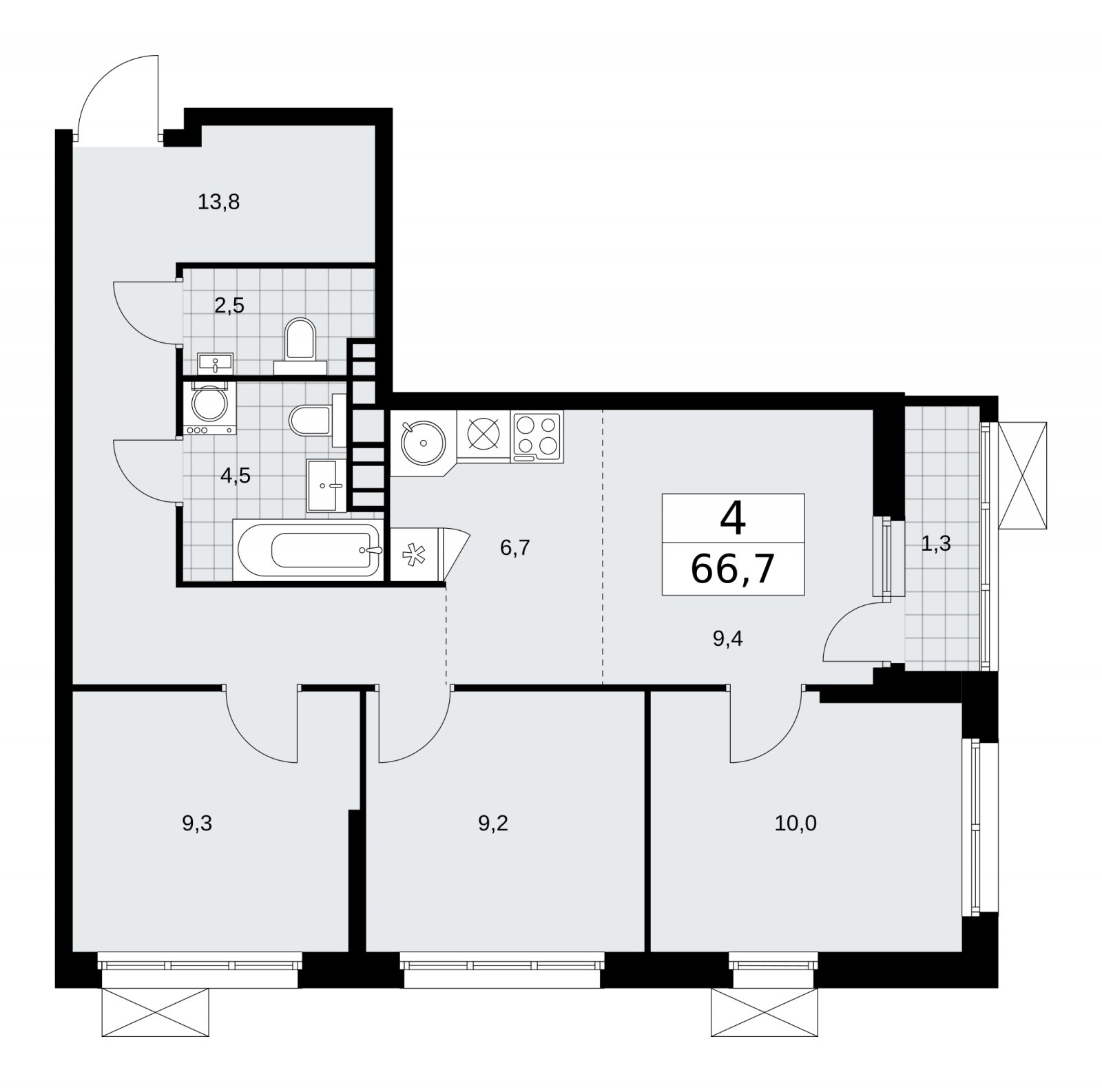 4-комнатная квартира (евро) без отделки, 66.7 м2, 3 этаж, сдача 1 квартал 2026 г., ЖК Скандинавия, корпус 37.2.3 - объявление 2254643 - фото №1