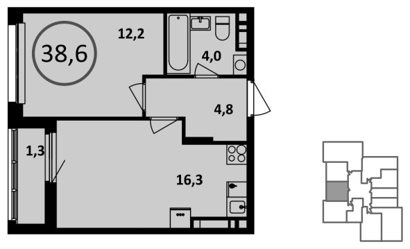 1-комнатная квартира без отделки, 38.6 м2, 13 этаж, сдача 1 квартал 2023 г., ЖК Испанские кварталы, корпус 6.1 - объявление 1409826 - фото №1