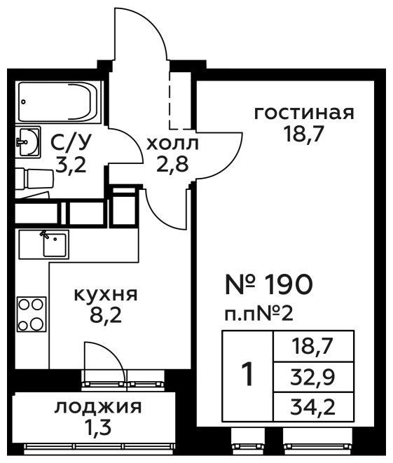 1-комнатная квартира без отделки, 34.2 м2, 18 этаж, сдача 2 квартал 2022 г., ЖК Новоград Павлино, корпус 18 - объявление 1286435 - фото №1