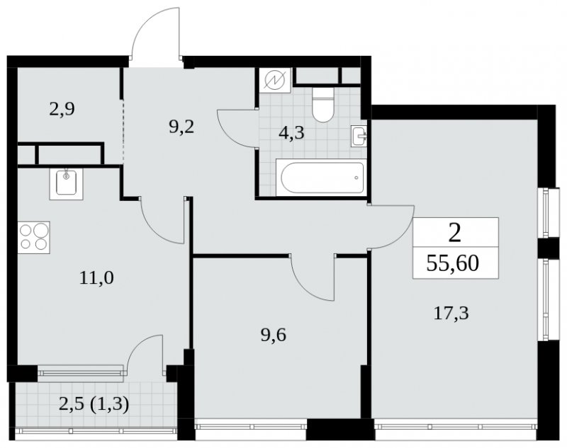 2-комнатная квартира с частичной отделкой, 55.6 м2, 30 этаж, сдача 2 квартал 2025 г., ЖК Южные сады, корпус 2.1 - объявление 1760084 - фото №1