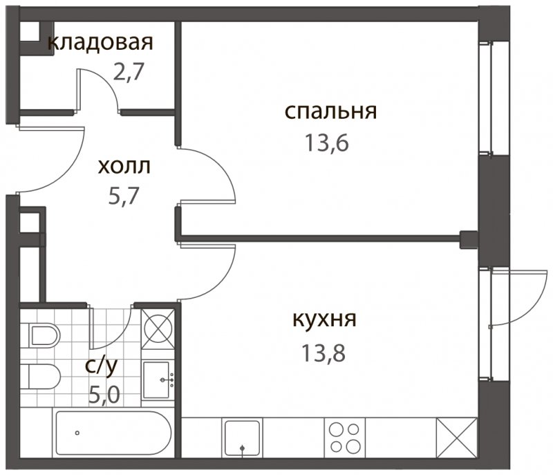 1-комнатная квартира без отделки, 40.8 м2, 1 этаж, дом сдан, ЖК HomeCity, корпус 2 - объявление 1704843 - фото №1