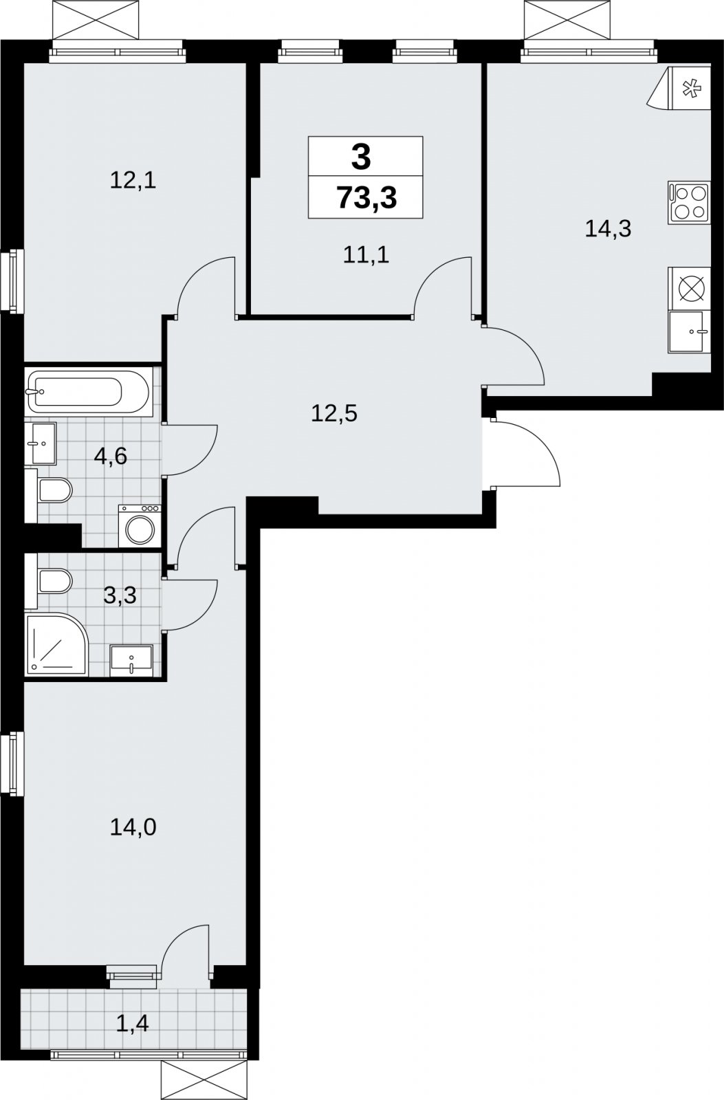 3-комнатная квартира без отделки, 73.3 м2, 12 этаж, сдача 2 квартал 2026 г., ЖК Бунинские кварталы, корпус 9.1 - объявление 2324044 - фото №1