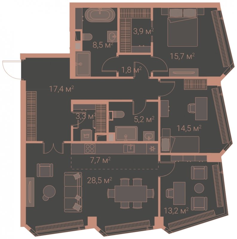 3-комнатная квартира без отделки, 119.7 м2, 16 этаж, сдача 1 квартал 2025 г., ЖК HIGH LIFE, корпус Soul Tower - объявление 1767810 - фото №1