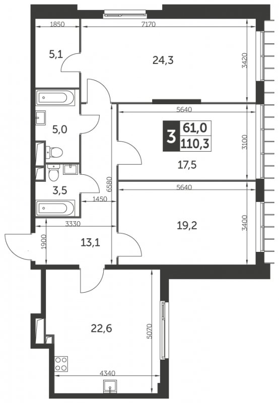 3-комнатная квартира без отделки, 110.3 м2, 18 этаж, сдача 1 квартал 2022 г., ЖК Рихард, корпус 2 - объявление 1331803 - фото №1