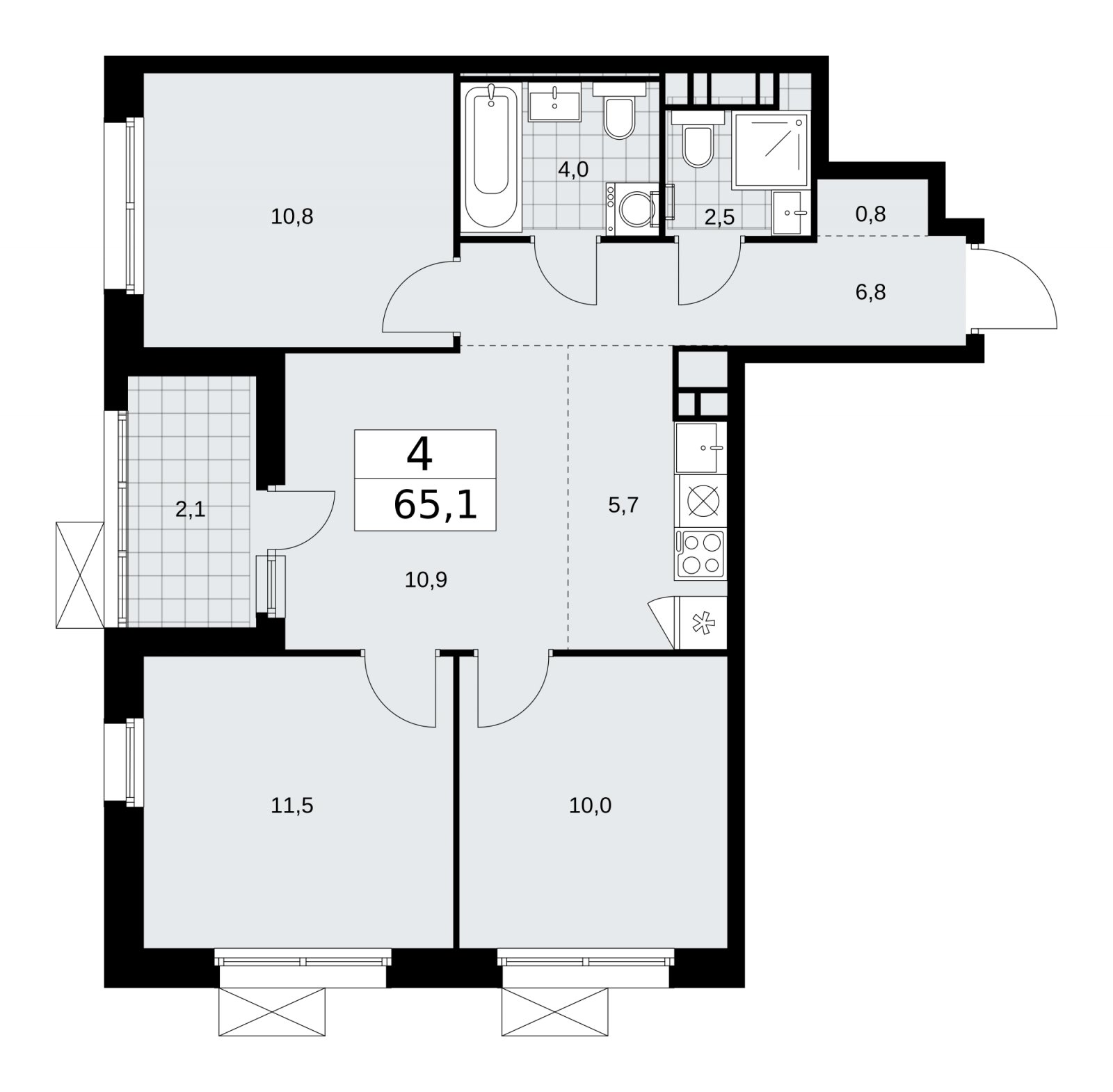 4-комнатная квартира (евро) с частичной отделкой, 65.1 м2, 7 этаж, сдача 2 квартал 2026 г., ЖК Скандинавия, корпус 25.2 - объявление 2283510 - фото №1