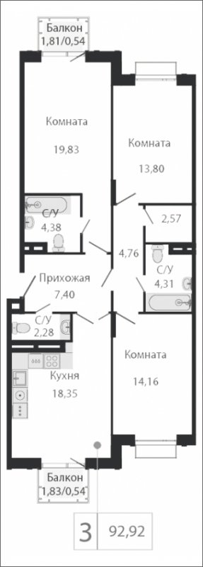 4-комнатная квартира (евро) без отделки, 92.92 м2, 3 этаж, сдача 2 квартал 2023 г., ЖК Dream Towers, корпус 3 - объявление 1801131 - фото №1