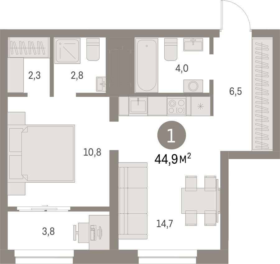 1-комнатная квартира с частичной отделкой, 44.85 м2, 7 этаж, сдача 1 квартал 2025 г., ЖК Первый квартал, корпус 5 - объявление 2334922 - фото №1