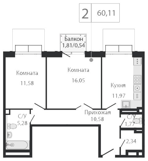 2-комнатная квартира без отделки, 60.11 м2, 2 этаж, сдача 2 квартал 2023 г., ЖК Dream Towers, корпус 3 - объявление 1800641 - фото №1