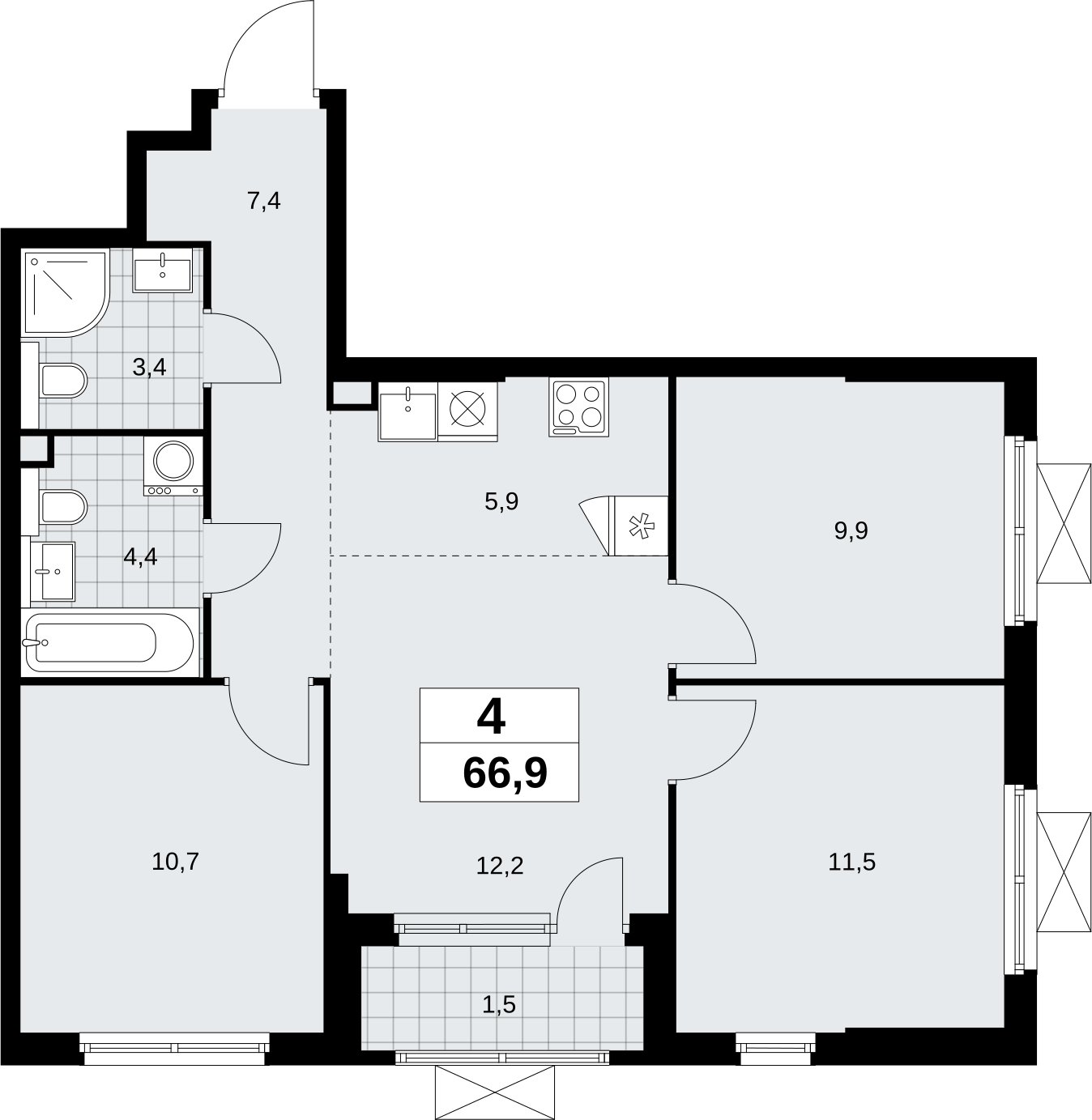 4-комнатная квартира (евро) без отделки, 66.9 м2, 2 этаж, сдача 2 квартал 2026 г., ЖК Бунинские кварталы, корпус 9.2 - объявление 2324194 - фото №1