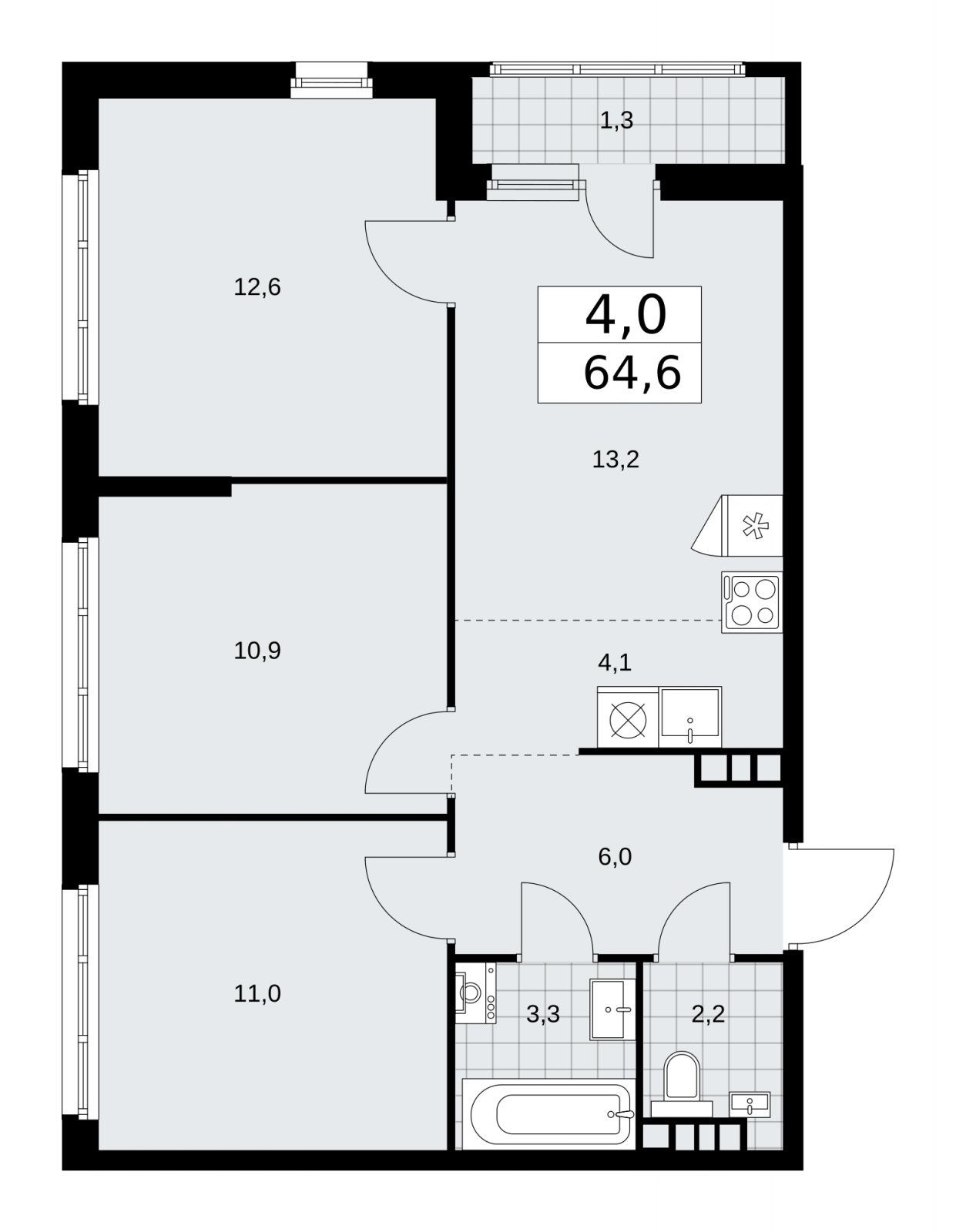 4-комнатная квартира (евро) без отделки, 64.6 м2, 8 этаж, сдача 1 квартал 2026 г., ЖК Дзен-кварталы, корпус 3.2 - объявление 2241632 - фото №1