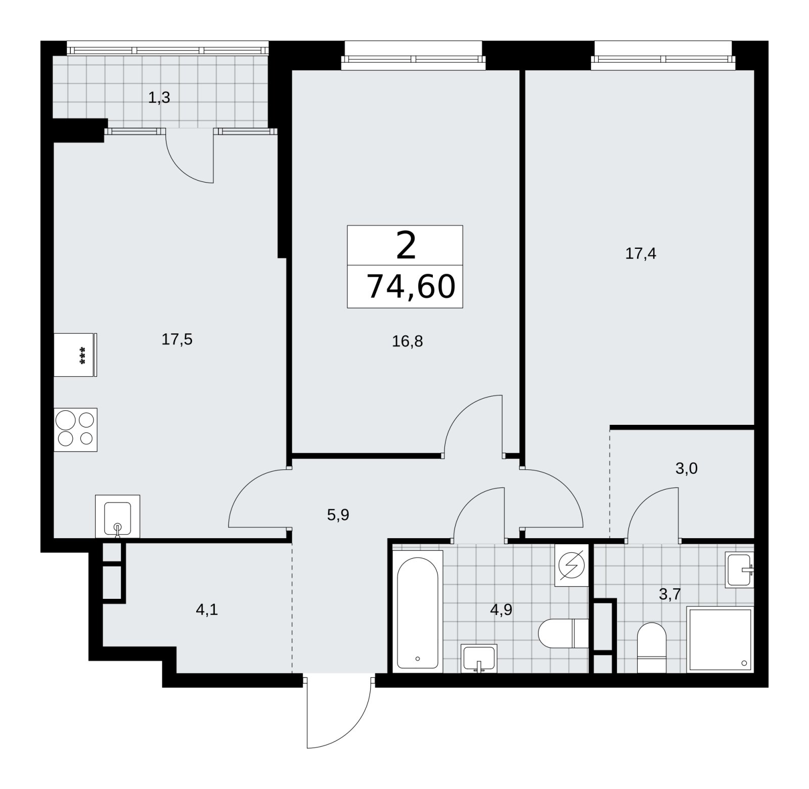 2-комнатная квартира с частичной отделкой, 74.6 м2, 10 этаж, сдача 1 квартал 2026 г., ЖК Дом на Зорге, корпус 25 - объявление 2221084 - фото №1
