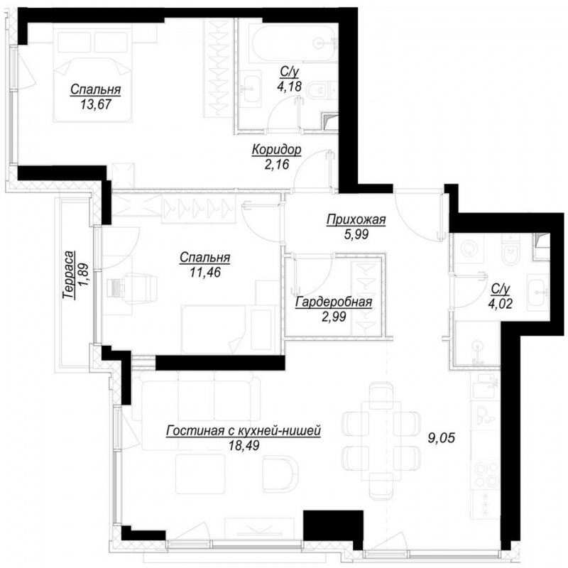 2-комнатная квартира с частичной отделкой, 72.6 м2, 5 этаж, сдача 1 квартал 2023 г., ЖК Hide, корпус RiverSide - объявление 1707104 - фото №1
