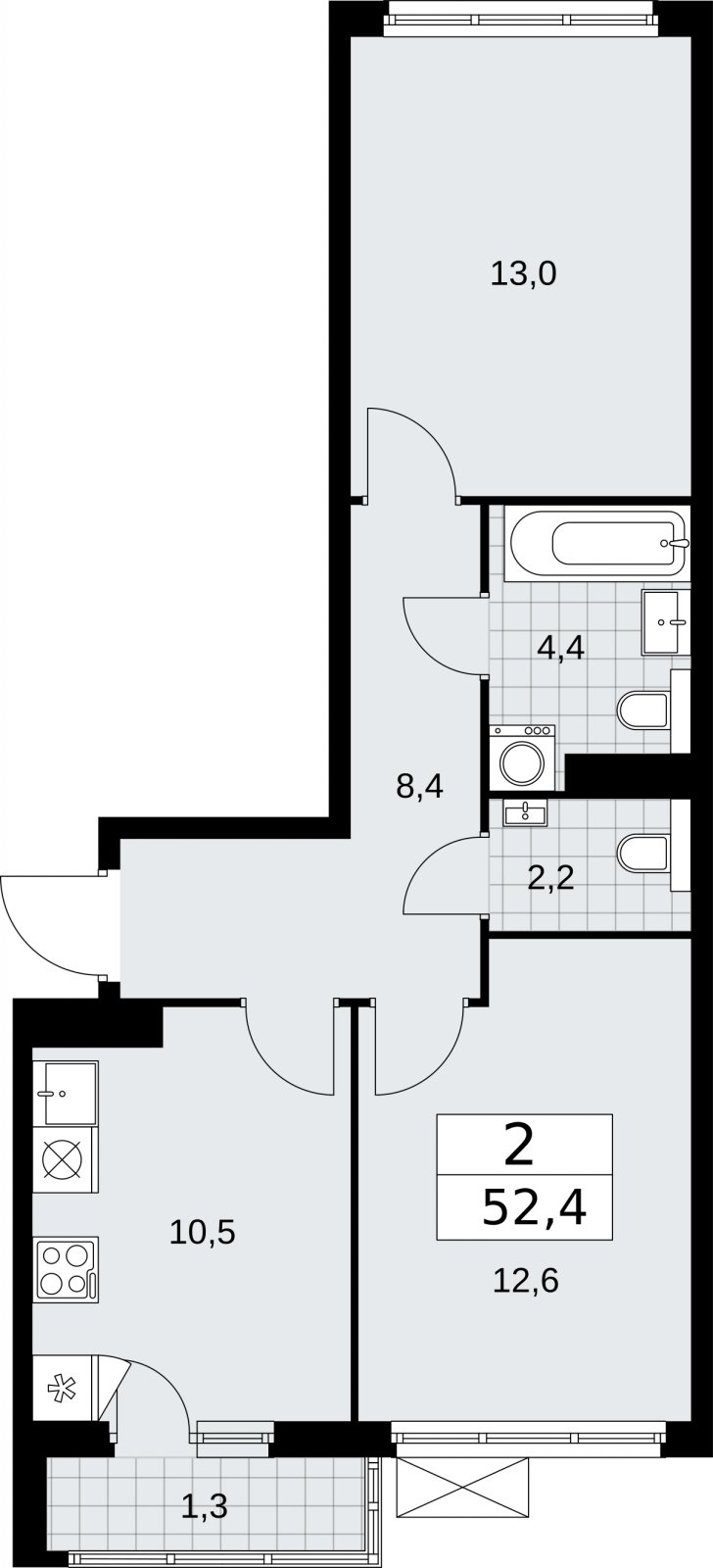 2-комнатная квартира с полной отделкой, 52.4 м2, 10 этаж, сдача 2 квартал 2026 г., ЖК Бунинские кварталы, корпус 7.1 - объявление 2319378 - фото №1