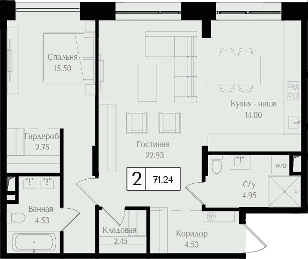 2-комнатная квартира (евро) без отделки, 71.24 м2, 10 этаж, сдача 3 квартал 2025 г., ЖК Преображенская площадь, корпус 3 - объявление 2287648 - фото №1