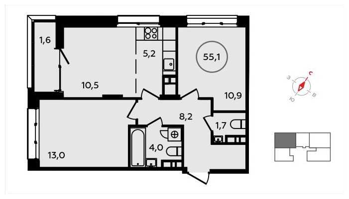 3-комнатная квартира (евро) с полной отделкой, 55.1 м2, 13 этаж, сдача 3 квартал 2024 г., ЖК Скандинавия, корпус 2.22.4 - объявление 1625733 - фото №1