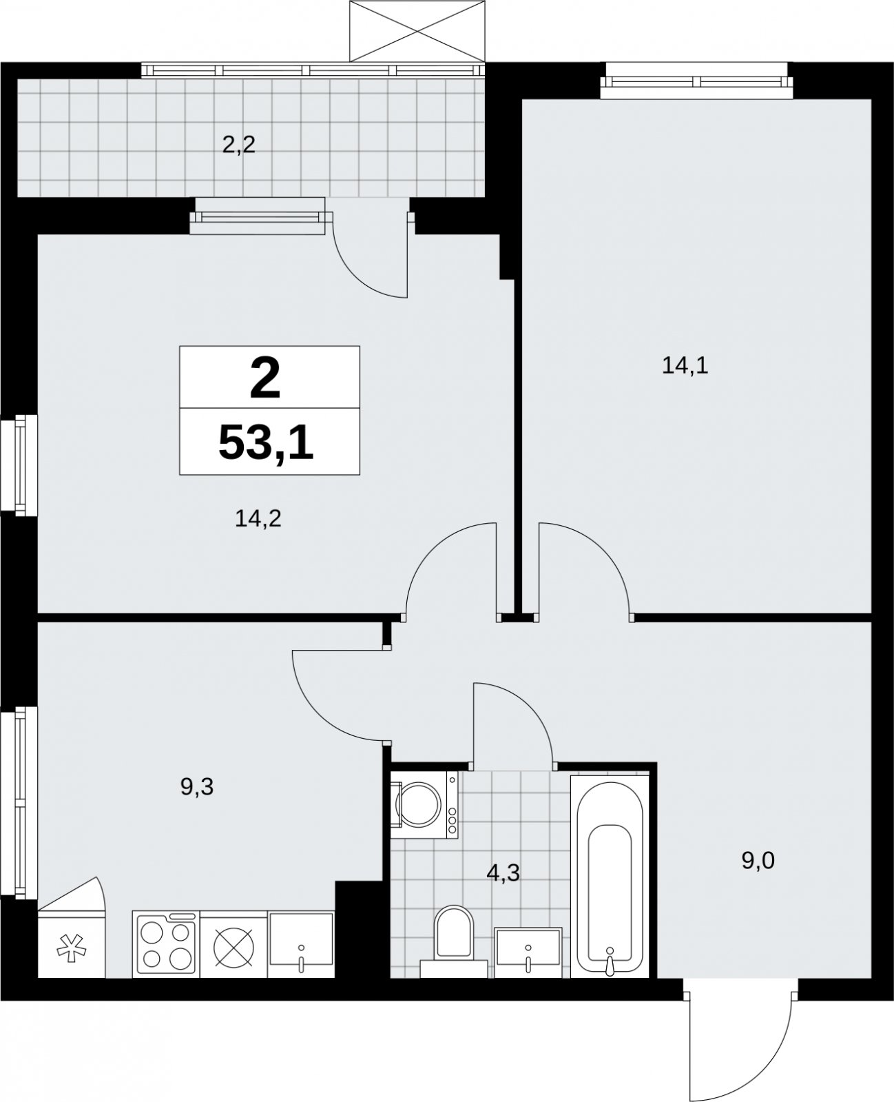 2-комнатная квартира с полной отделкой, 53.1 м2, 4 этаж, сдача 3 квартал 2026 г., ЖК Дзен-кварталы, корпус 6.1.4 - объявление 2328155 - фото №1
