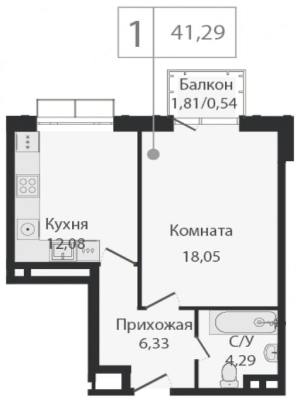 1-комнатная квартира без отделки, 41.29 м2, 4 этаж, сдача 2 квартал 2023 г., ЖК Dream Towers, корпус 3 - объявление 1800262 - фото №1