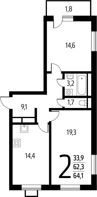 2-комнатная квартира с полной отделкой, 64.1 м2, 6 этаж, сдача 1 квартал 2025 г., ЖК Новые Ватутинки. Заречный, корпус 5/3 - объявление 2271765 - фото №1