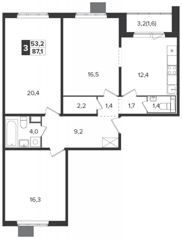 3-комнатная квартира с частичной отделкой, 86.1 м2, 16 этаж, дом сдан, ЖК Южная Битца, корпус 6 - объявление 1771574 - фото №1
