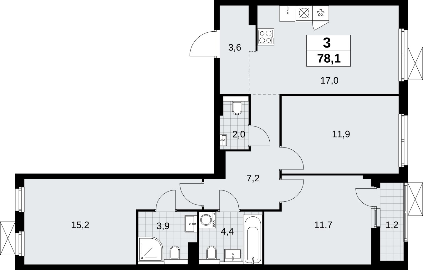 3-комнатная квартира без отделки, 78.1 м2, 9 этаж, сдача 2 квартал 2026 г., ЖК Бунинские кварталы, корпус 9.1 - объявление 2323947 - фото №1