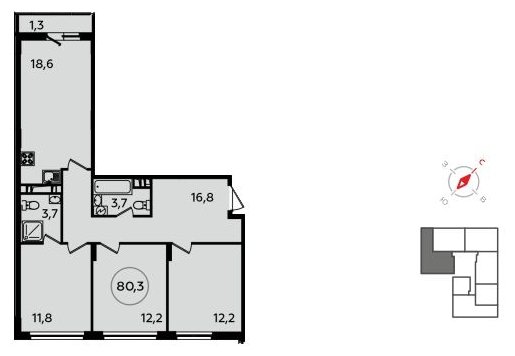 3-комнатная квартира без отделки, 80.3 м2, 11 этаж, дом сдан, ЖК Скандинавия, корпус 13.1 - объявление 1412103 - фото №1