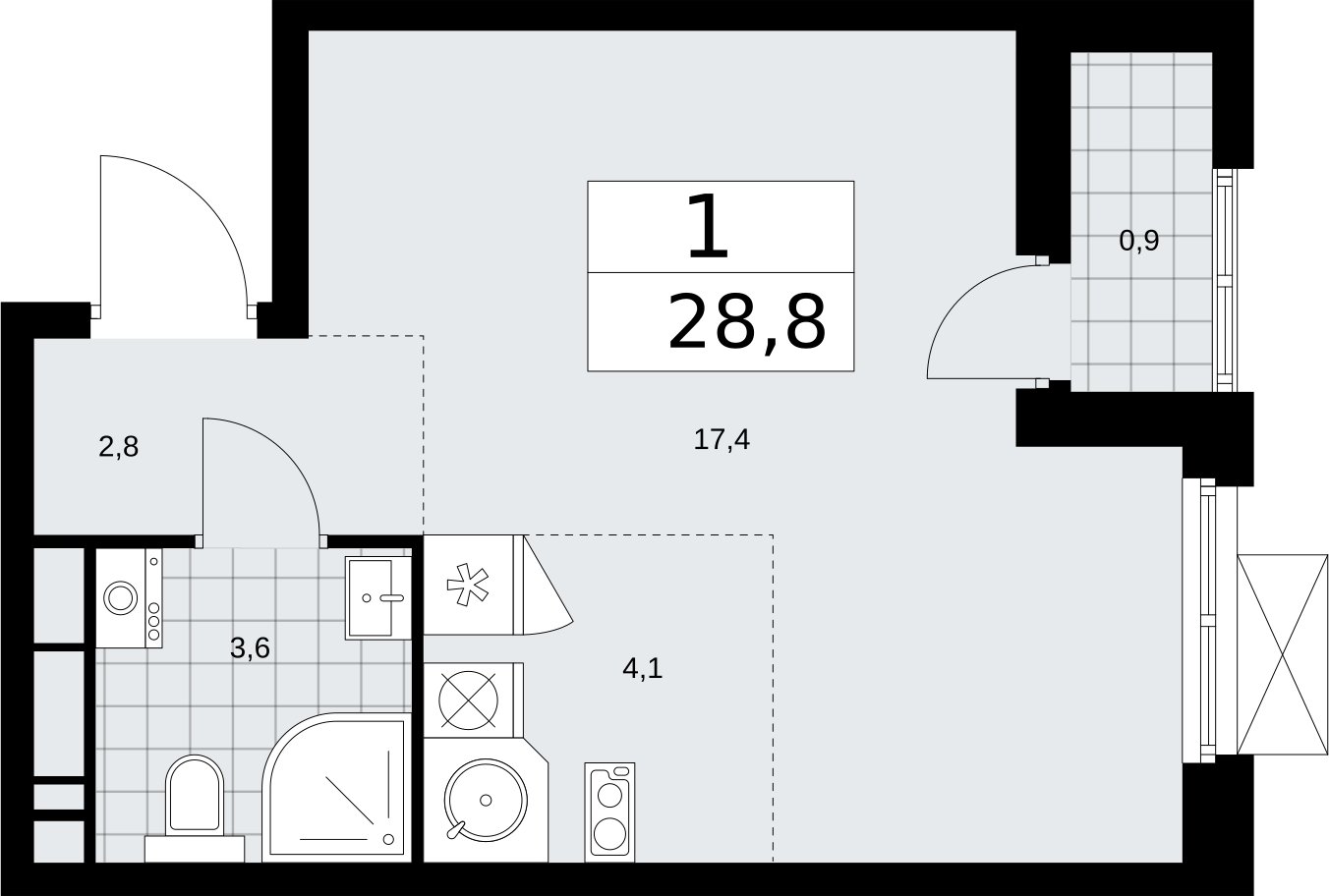 Студия с частичной отделкой, 28.8 м2, 10 этаж, сдача 2 квартал 2026 г., ЖК Бунинские кварталы, корпус 5.1 - объявление 2297042 - фото №1