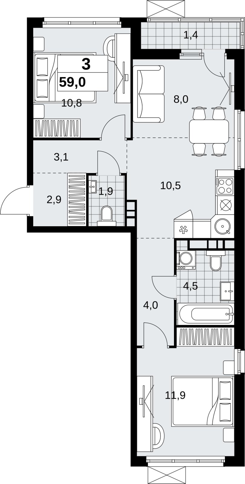 3-комнатная квартира (евро) без отделки, 59 м2, 4 этаж, сдача 4 квартал 2026 г., ЖК Скандинавия, корпус 2.18.2.4 - объявление 2351531 - фото №1