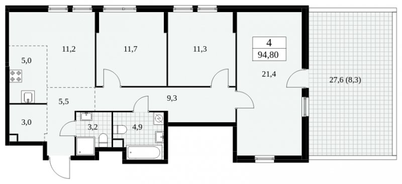 4-комнатная квартира (евро) без отделки, 94.8 м2, 2 этаж, сдача 2 квартал 2025 г., ЖК Южные сады, корпус 2.4 - объявление 1760174 - фото №1