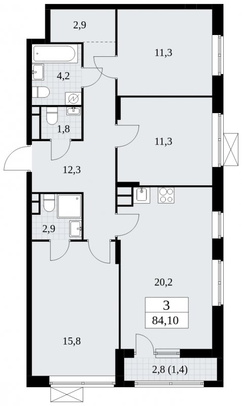 3-комнатная квартира без отделки, 84.1 м2, 4 этаж, сдача 1 квартал 2025 г., ЖК Прокшино, корпус 5.1.3 - объявление 1810730 - фото №1