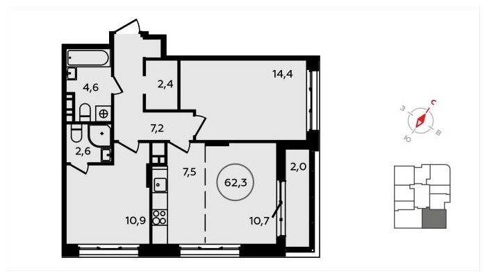 3-комнатная квартира (евро) с полной отделкой, 62.3 м2, 7 этаж, сдача 3 квартал 2024 г., ЖК Скандинавия, корпус 2.22.5 - объявление 1625795 - фото №1