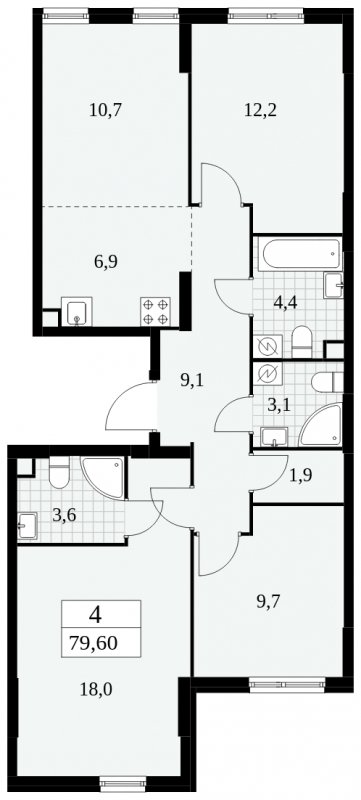 4-комнатная квартира (евро) без отделки, 79.6 м2, 2 этаж, сдача 2 квартал 2025 г., ЖК Южные сады, корпус 2.4 - объявление 1760424 - фото №1