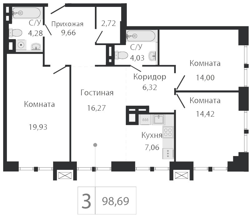 3-комнатная квартира без отделки, 98.63 м2, 4 этаж, сдача 2 квартал 2023 г., ЖК Dream Towers, корпус 2 - объявление 1801062 - фото №1