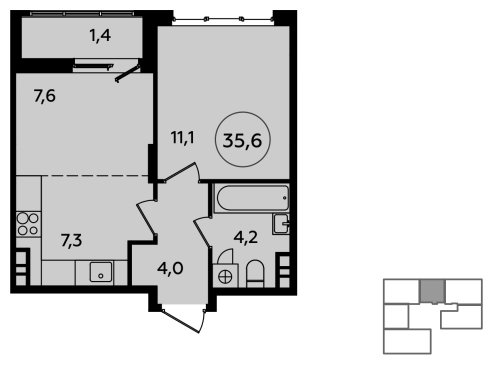 2-комнатная квартира (евро) без отделки, 35.6 м2, 7 этаж, сдача 4 квартал 2023 г., ЖК Скандинавия, корпус 2.23.6 - объявление 1514848 - фото №1