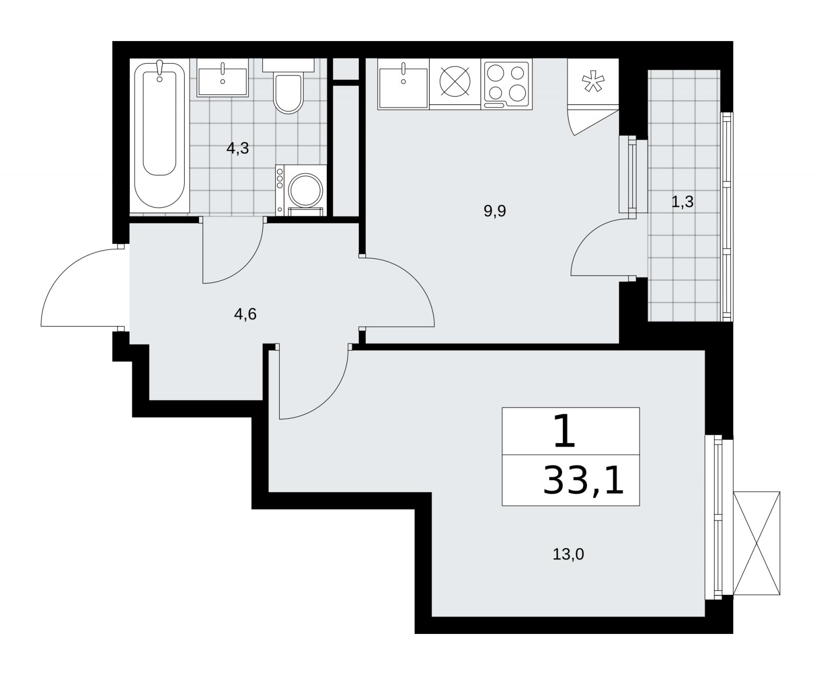 1-комнатная квартира с частичной отделкой, 33.1 м2, 10 этаж, сдача 1 квартал 2026 г., ЖК Прокшино, корпус 11.1.1 - объявление 2257224 - фото №1