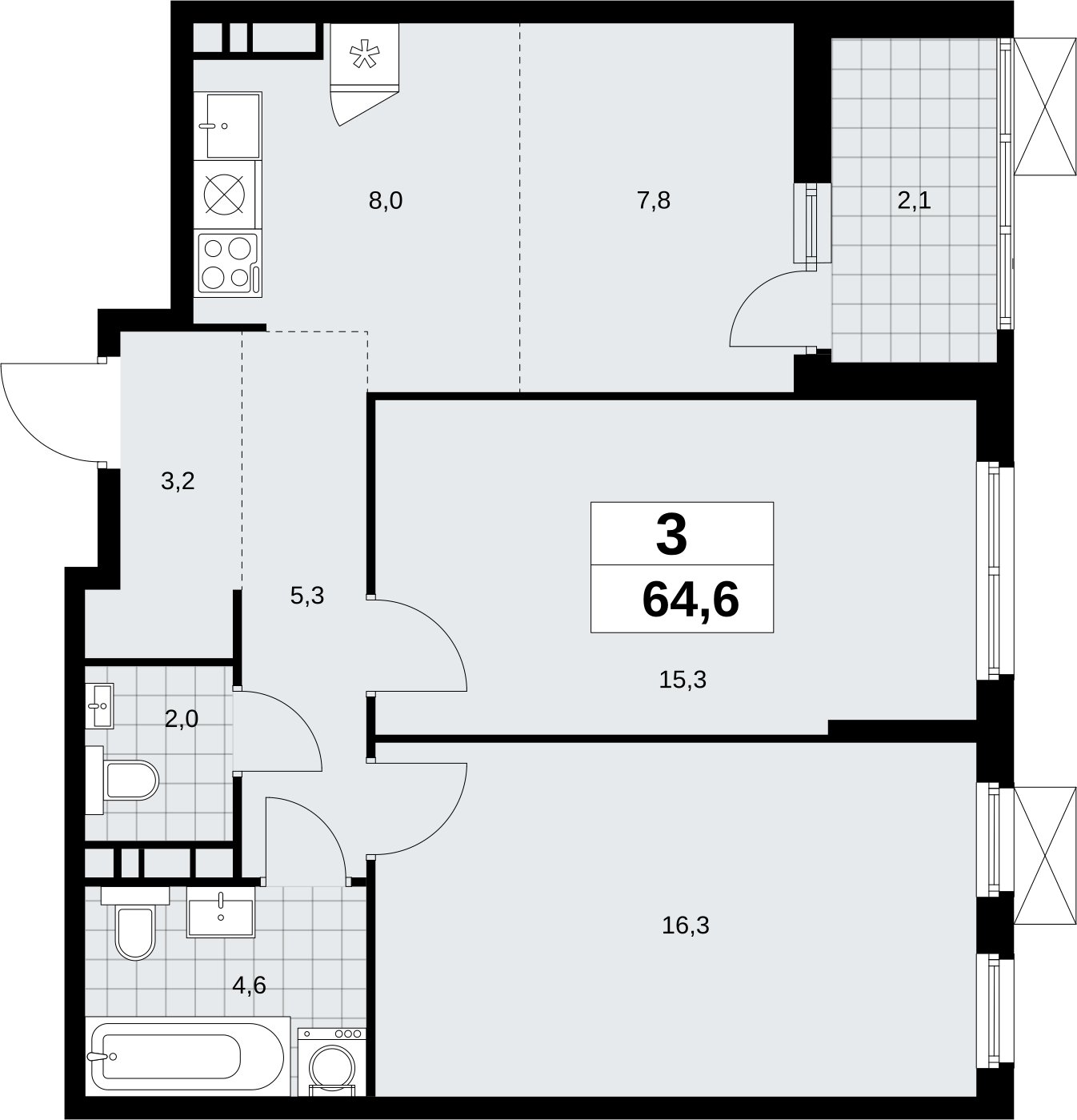 3-комнатная квартира (евро) без отделки, 64.6 м2, 7 этаж, сдача 4 квартал 2026 г., ЖК Скандинавия, корпус 2.18.1.1 - объявление 2350600 - фото №1