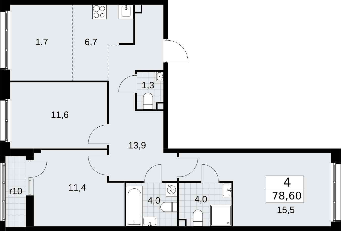 4-комнатная квартира (евро) с полной отделкой, 78.6 м2, 2 этаж, сдача 4 квартал 2026 г., ЖК Родные кварталы, корпус 1.2 - объявление 2317795 - фото №1