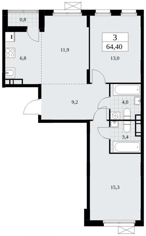 3-комнатная квартира (евро) без отделки, 64.4 м2, 6 этаж, сдача 1 квартал 2025 г., ЖК Дзен-кварталы, корпус 1.4 - объявление 1896137 - фото №1