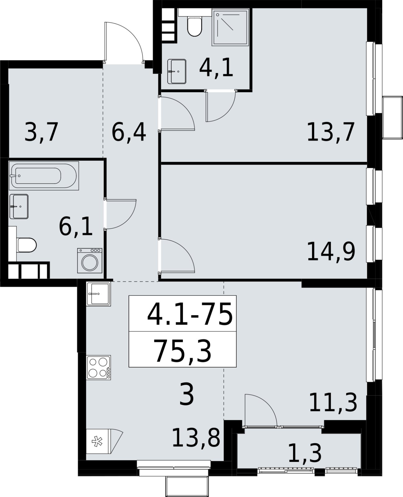 3-комнатная квартира (евро) с полной отделкой, 75.3 м2, 14 этаж, сдача 2 квартал 2027 г., ЖК Южные сады, корпус 4.1.1 - объявление 2392616 - фото №1