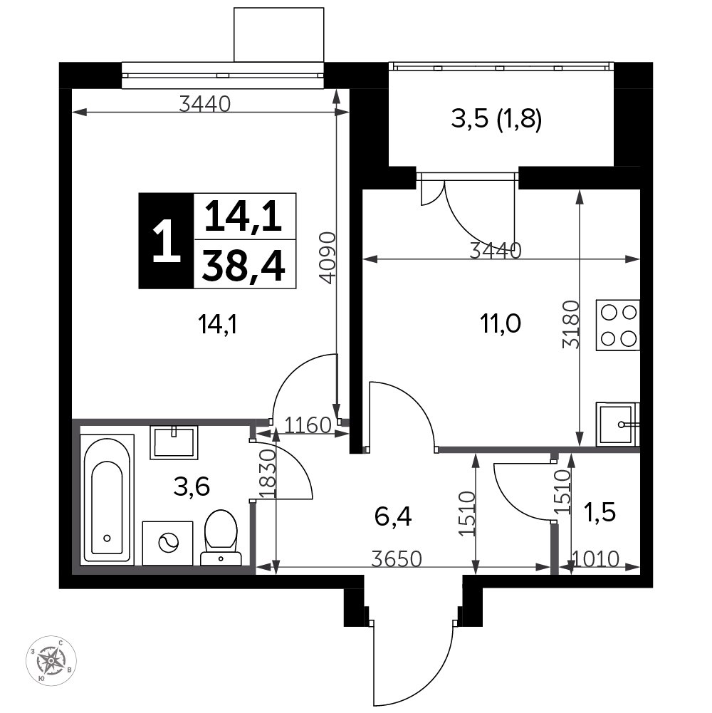 1-комнатная квартира с полной отделкой, 38.4 м2, 15 этаж, сдача 3 квартал 2023 г., ЖК Южная Битца, корпус 12 - объявление 2208202 - фото №1
