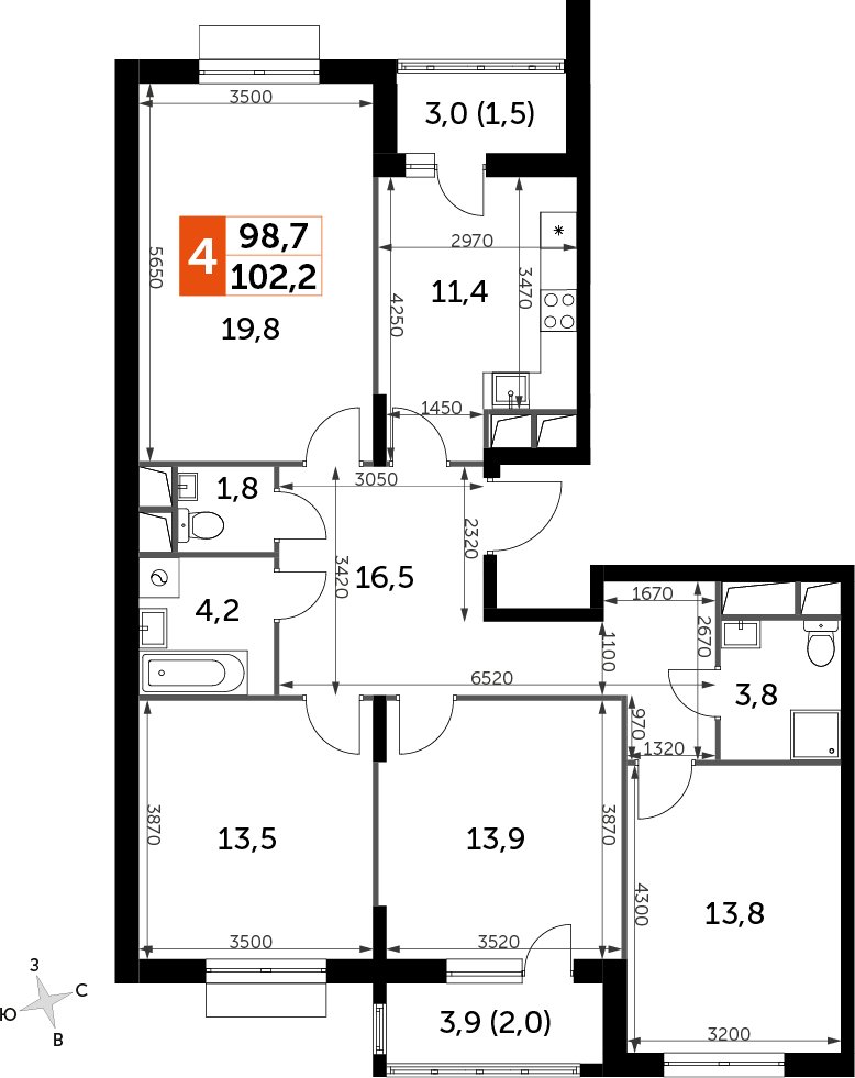 4-комнатная квартира с частичной отделкой, 102.1 м2, 11 этаж, дом сдан, ЖК UP-квартал Римский, корпус 7 - объявление 2405367 - фото №1