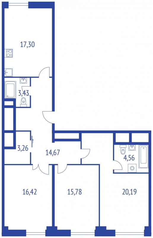3-комнатная квартира без отделки, 99.43 м2, 32 этаж, сдача 1 квартал 2022 г., ЖК iLove, корпус 1 - объявление 1344190 - фото №1