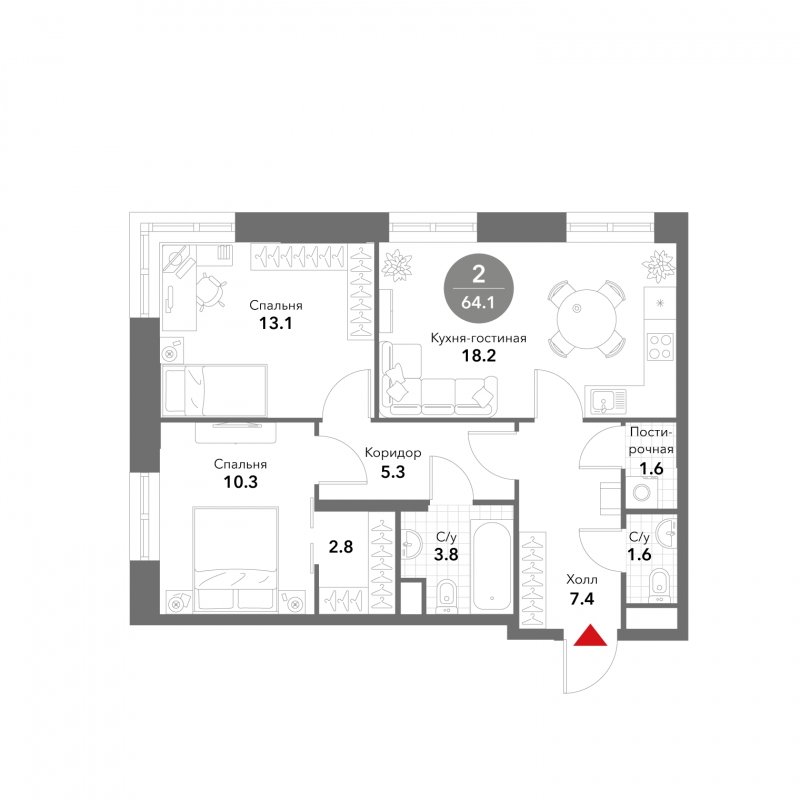 2-комнатные апартаменты без отделки, 64.1 м2, 16 этаж, сдача 3 квартал 2025 г., ЖК VOXHALL, корпус 4 - объявление 1793747 - фото №1