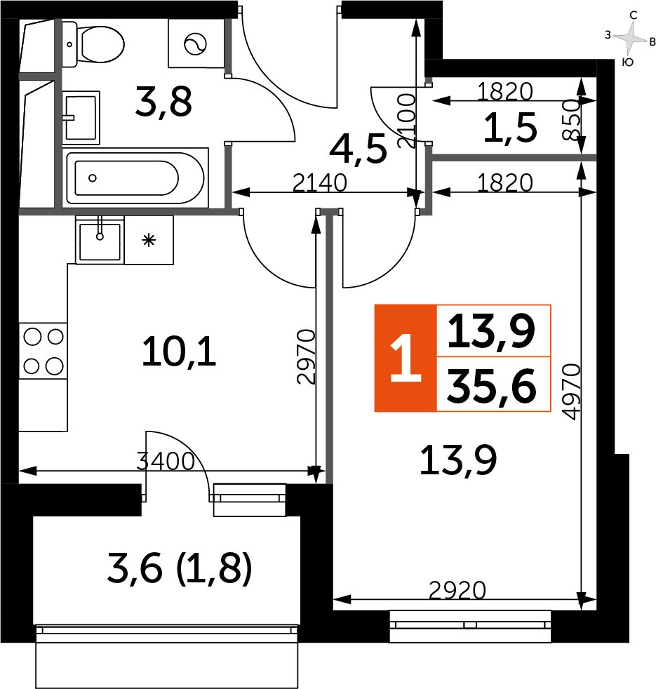 1-комнатная квартира с частичной отделкой, 35.6 м2, 5 этаж, дом сдан, ЖК UP-квартал Римский, корпус 7 - объявление 2359867 - фото №1